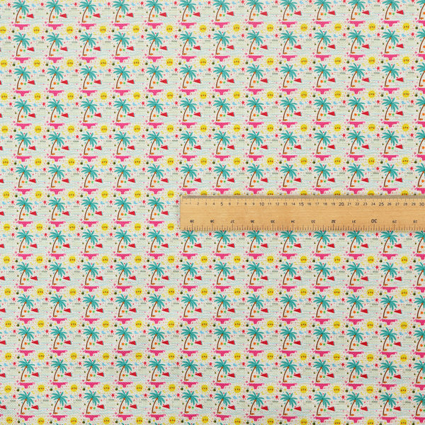 Light background summer-themed fabric featuring a repeating pattern of tropical icons including palm trees, suns, swim trunks, and abstract shapes.
