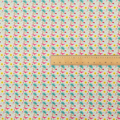 Light background summer-themed fabric featuring a repeating pattern of tropical icons including palm trees, suns, swim trunks, and abstract shapes.