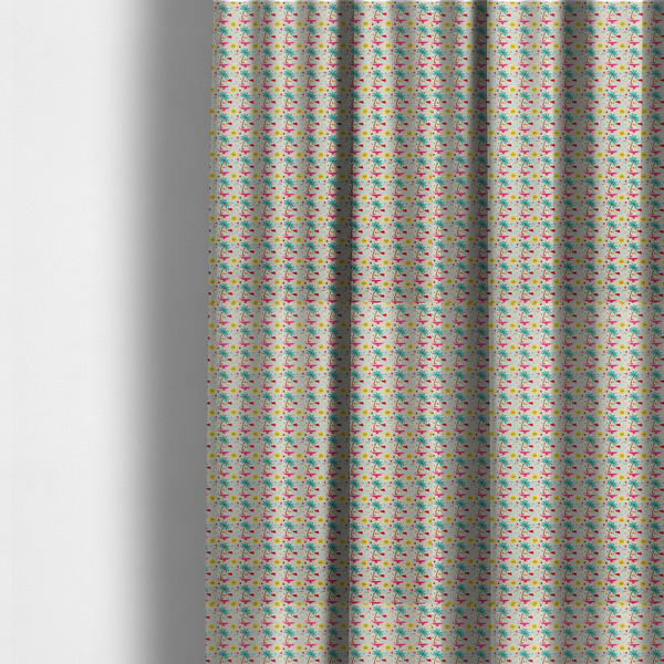 The fabric used to create these made-to-measure curtains is a light background summer-themed fabric featuring a repeating pattern of tropical icons including palm trees, suns, swim trunks, and abstract shapes.