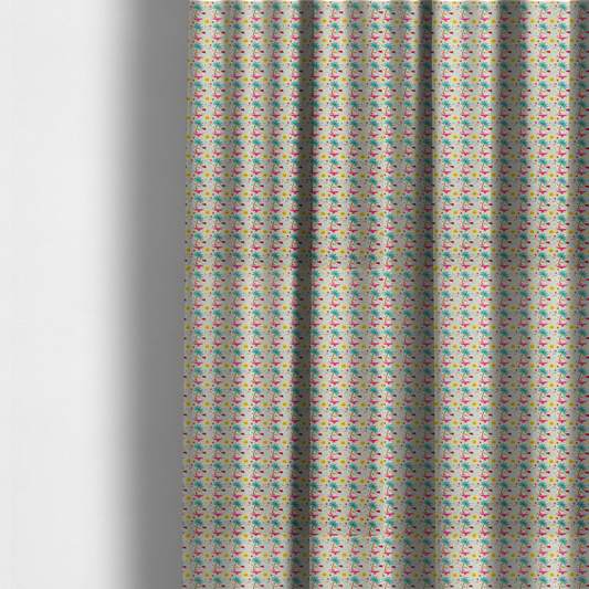 The fabric used to create these made-to-measure curtains is a light background summer-themed fabric featuring a repeating pattern of tropical icons including palm trees, suns, swim trunks, and abstract shapes.