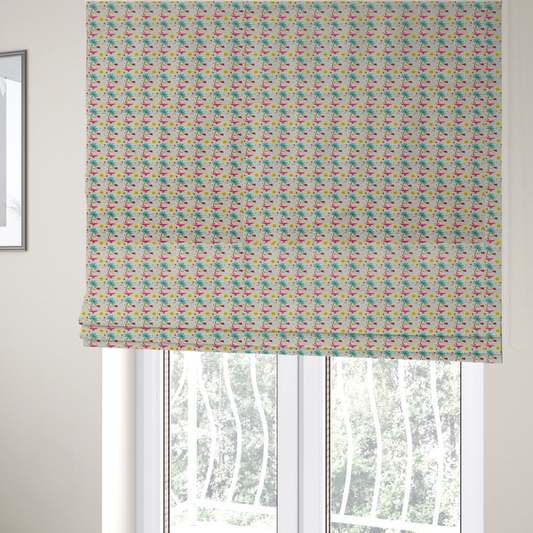 The fabric used to create these Roman blinds is a light background summer-themed fabric featuring a repeating pattern of tropical icons including palm trees, suns, swim trunks, and abstract shapes.