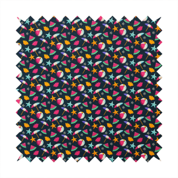 Dark blue summer-themed fabric featuring a repeating pattern of tropical icons including beach balls, parasols, watermelon slices, starfish, seashells, and flowers.