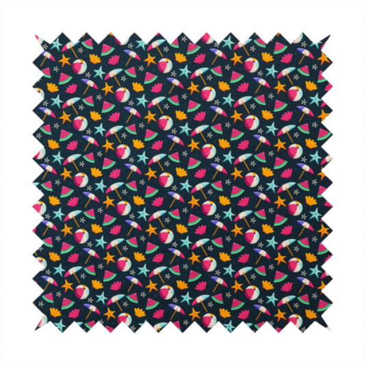 Dark blue summer-themed fabric featuring a repeating pattern of tropical icons including beach balls, parasols, watermelon slices, starfish, seashells, and flowers.