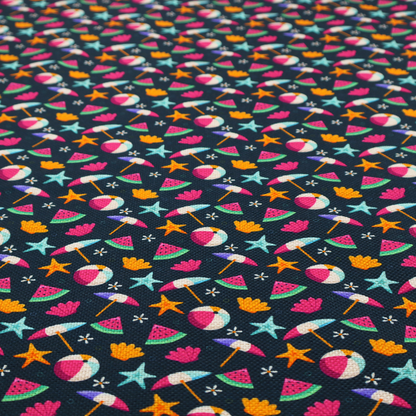 Dark blue summer-themed fabric featuring a repeating pattern of tropical icons including beach balls, parasols, watermelon slices, starfish, seashells, and flowers.