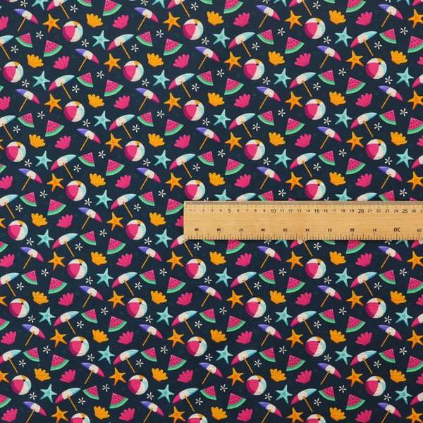 Dark blue summer-themed fabric featuring a repeating pattern of tropical icons including beach balls, parasols, watermelon slices, starfish, seashells, and flowers.