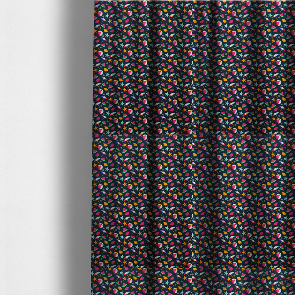 The fabric used to create these made-to-measure curtains is a dark blue summer-themed fabric featuring a repeating pattern of tropical icons including beach balls, parasols, watermelon slices, starfish, seashells, and flowers.