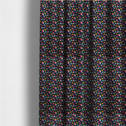 The fabric used to create these made-to-measure curtains is a dark blue summer-themed fabric featuring a repeating pattern of tropical icons including beach balls, parasols, watermelon slices, starfish, seashells, and flowers.