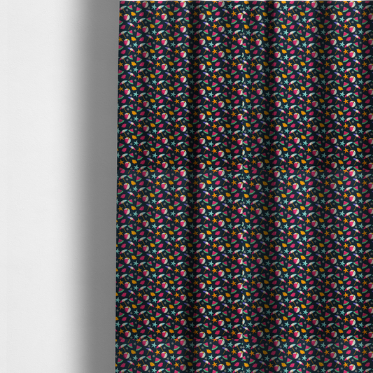 The fabric used to create these made-to-measure curtains is a dark blue summer-themed fabric featuring a repeating pattern of tropical icons including beach balls, parasols, watermelon slices, starfish, seashells, and flowers.