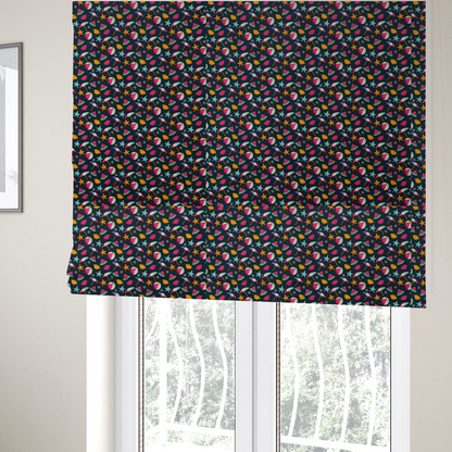 The fabric used to create these Roman blinds is a dark blue summer-themed fabric featuring a repeating pattern of tropical icons including beach balls, parasols, watermelon slices, starfish, seashells, and flowers.