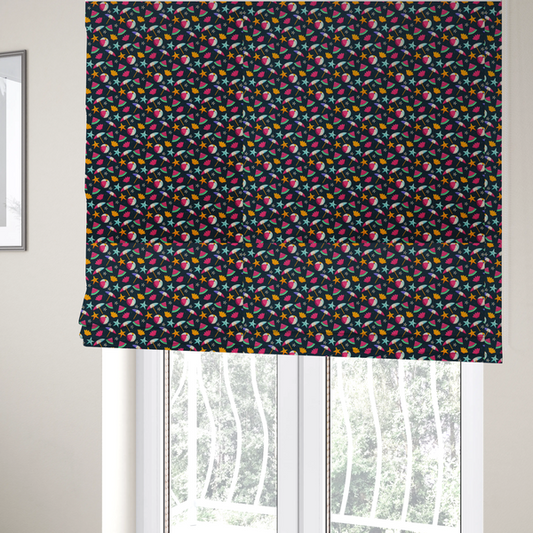 The fabric used to create these Roman blinds is a dark blue summer-themed fabric featuring a repeating pattern of tropical icons including beach balls, parasols, watermelon slices, starfish, seashells, and flowers.