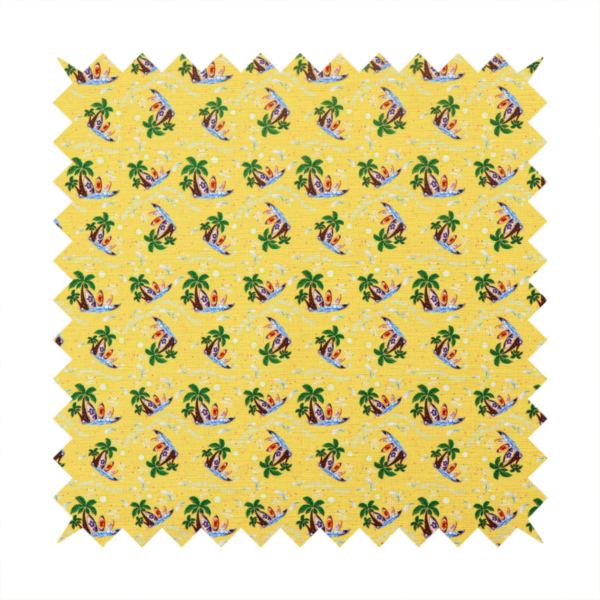 Yellow summer-themed fabric featuring a repeating pattern of palm trees, surfboards, and waves.