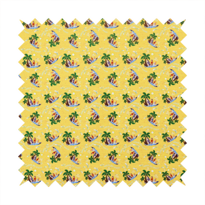 Yellow summer-themed fabric featuring a repeating pattern of palm trees, surfboards, and waves.
