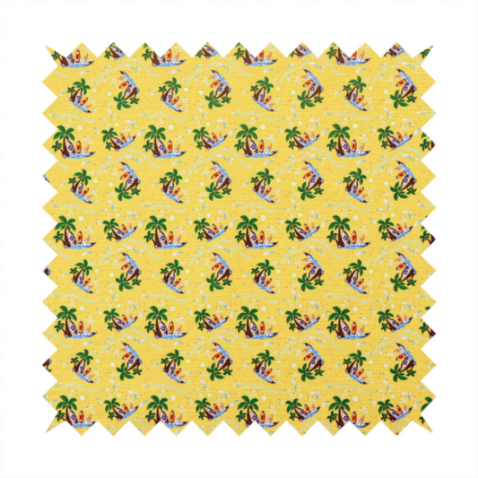Yellow summer-themed fabric featuring a repeating pattern of palm trees, surfboards, and waves.