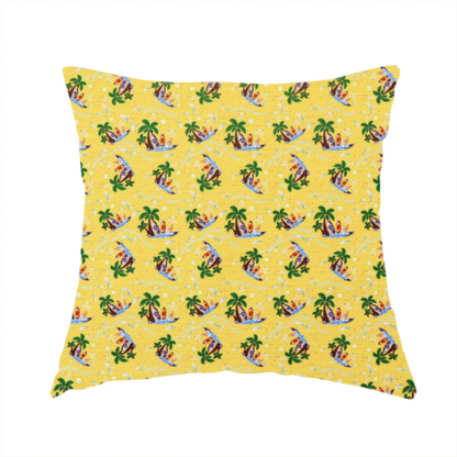 The fabric used to create this handmade cushion is a yellow summer-themed fabric featuring a repeating pattern of palm trees, surfboards, and waves.