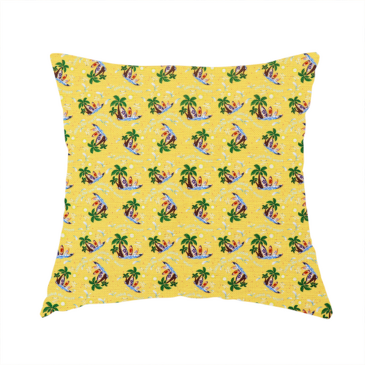 The fabric used to create this handmade cushion is a yellow summer-themed fabric featuring a repeating pattern of palm trees, surfboards, and waves.