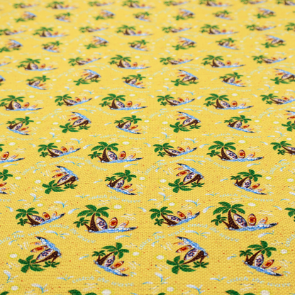Yellow summer-themed fabric featuring a repeating pattern of palm trees, surfboards, and waves.