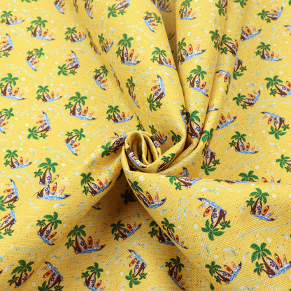 Yellow summer-themed fabric featuring a repeating pattern of palm trees, surfboards, and waves.
