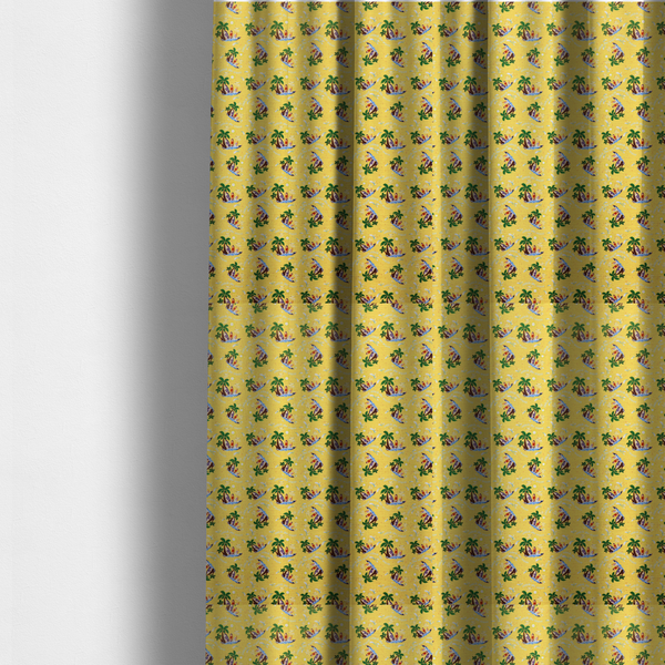 The fabric used to create these made-to-measure curtains is a yellow summer-themed fabric featuring a repeating pattern of palm trees, surfboards, and waves.