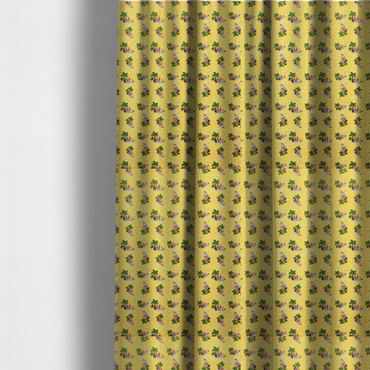The fabric used to create these made-to-measure curtains is a yellow summer-themed fabric featuring a repeating pattern of palm trees, surfboards, and waves.