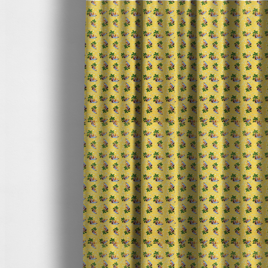 The fabric used to create these made-to-measure curtains is a yellow summer-themed fabric featuring a repeating pattern of palm trees, surfboards, and waves.