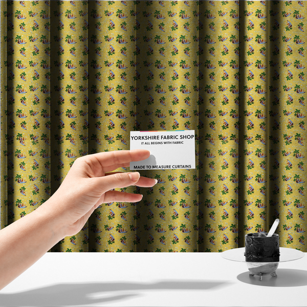 The fabric used to create these made-to-measure curtains is a yellow summer-themed fabric featuring a repeating pattern of palm trees, surfboards, and waves.