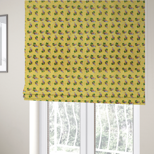 The fabric used to create these Roman blinds is a yellow summer-themed fabric featuring a repeating pattern of palm trees, surfboards, and waves.