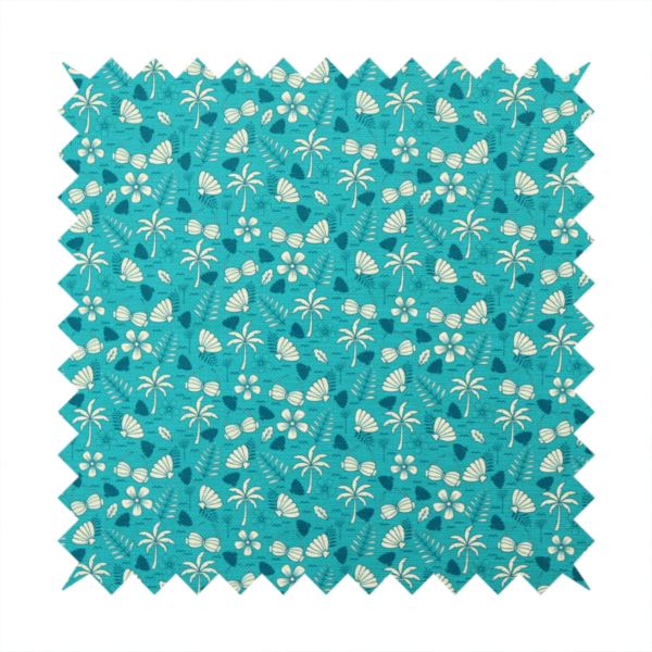 Teal summer-themed fabric featuring a repeating pattern of palm trees, seashells, flowers, and tropical foliage.