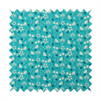 Teal summer-themed fabric featuring a repeating pattern of palm trees, seashells, flowers, and tropical foliage.