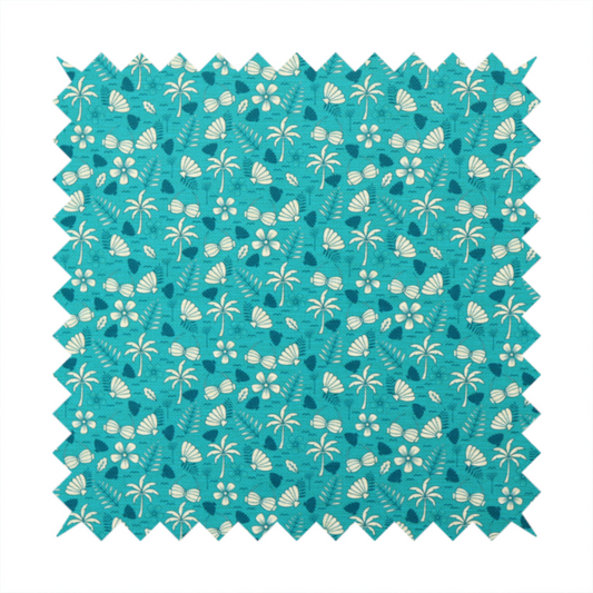 Teal summer-themed fabric featuring a repeating pattern of palm trees, seashells, flowers, and tropical foliage.