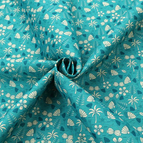 Teal summer-themed fabric featuring a repeating pattern of palm trees, seashells, flowers, and tropical foliage.