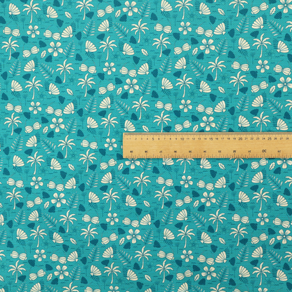 Teal summer-themed fabric featuring a repeating pattern of palm trees, seashells, flowers, and tropical foliage.