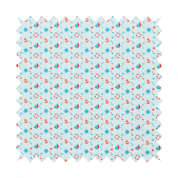 Light blue fabric featuring a small-scale repeating nautical pattern of red anchors, lifebuoys, and sailboats, interspersed with blue and red stars.