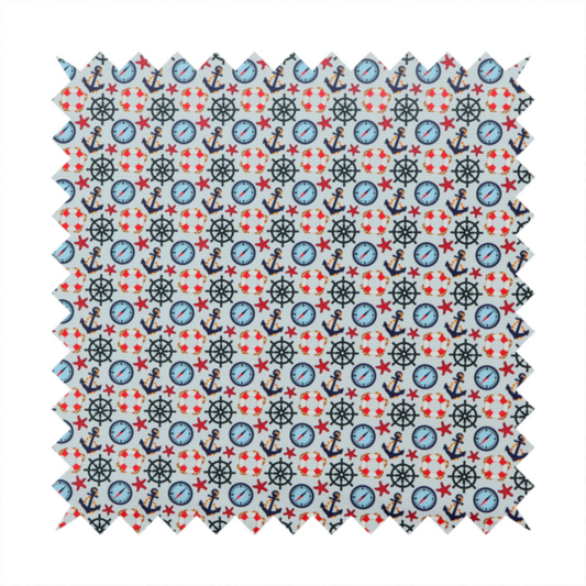 Light blue fabric with a dense repeating nautical pattern featuring dark blue anchors, black ship wheels, blue compasses, red-and-white lifebuoys, and tiny red stars.