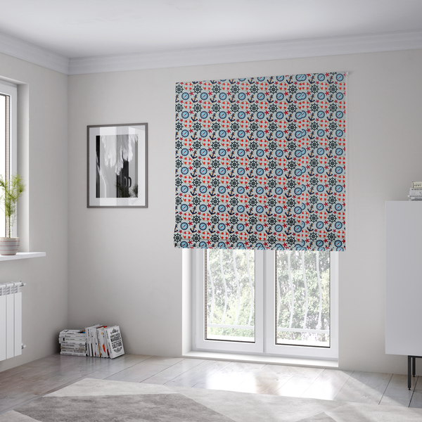 The fabric used to create these Roman blinds is a light blue fabric with a dense repeating nautical pattern featuring dark blue anchors, black ship wheels, blue compasses, red-and-white lifebuoys, and tiny red stars.