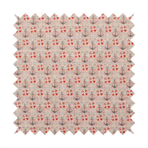 Nautical-themed repeating pattern featuring anchors and life rings over a woven, textured beige background.