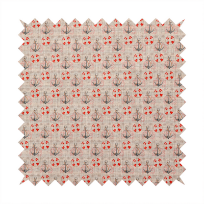 Nautical-themed repeating pattern featuring anchors and life rings over a woven, textured beige background.
