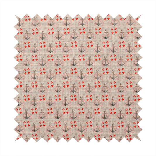 Nautical-themed repeating pattern featuring anchors and life rings over a woven, textured beige background.