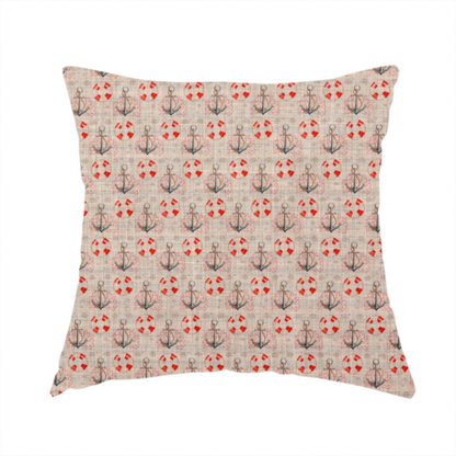 The fabric used to create this handmade cushion is a nautical-themed repeating pattern featuring anchors and life rings over a woven, textured beige background.