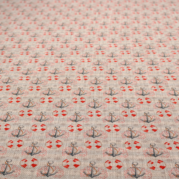 Nautical-themed repeating pattern featuring anchors and life rings over a woven, textured beige background.