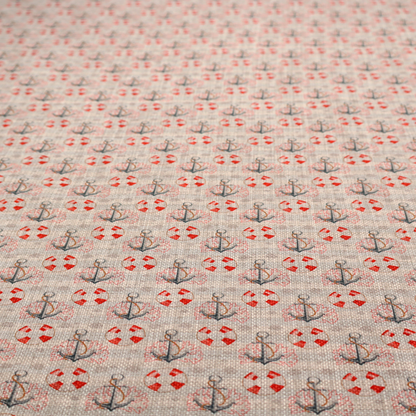 Nautical-themed repeating pattern featuring anchors and life rings over a woven, textured beige background.