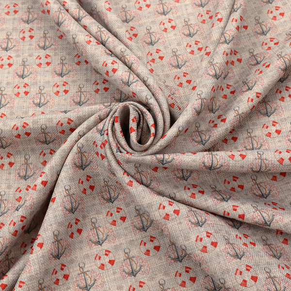 Nautical-themed repeating pattern featuring anchors and life rings over a woven, textured beige background.