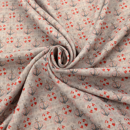 Nautical-themed repeating pattern featuring anchors and life rings over a woven, textured beige background.