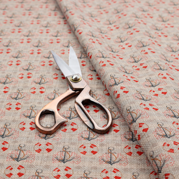 Nautical-themed repeating pattern featuring anchors and life rings over a woven, textured beige background.