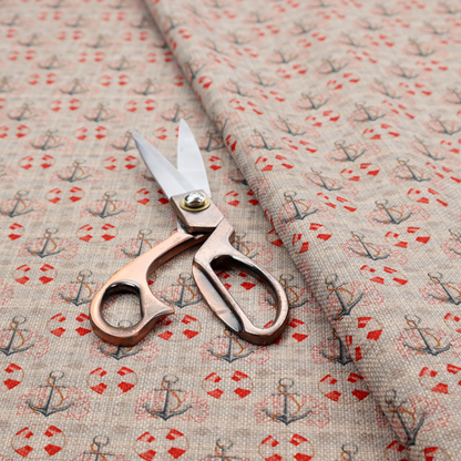 Nautical-themed repeating pattern featuring anchors and life rings over a woven, textured beige background.