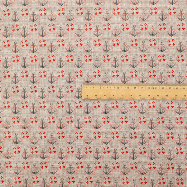 Nautical-themed repeating pattern featuring anchors and life rings over a woven, textured beige background.