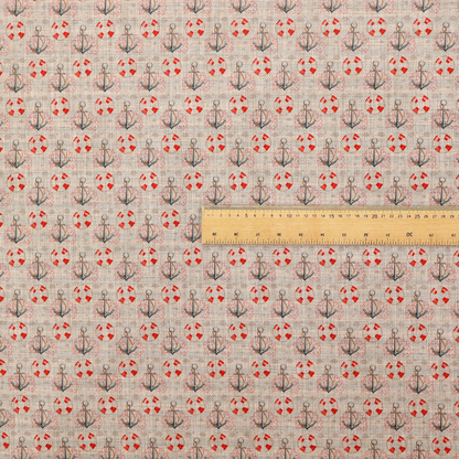 Nautical-themed repeating pattern featuring anchors and life rings over a woven, textured beige background.