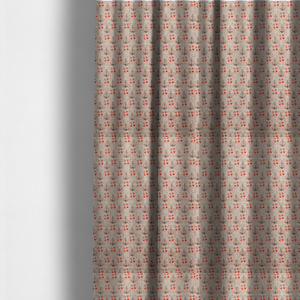 The fabric used to create these made-to-measure curtains is a nautical-themed repeating pattern featuring anchors and life rings over a woven, textured beige background.