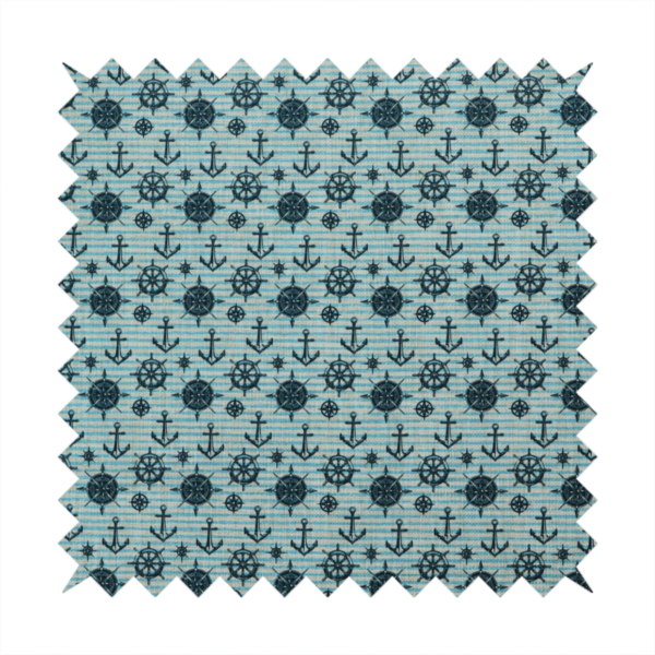 Nautical-themed repeating pattern featuring dark blue anchors, ship wheels, compass roses, and stars over a light blue and dark blue striped background.