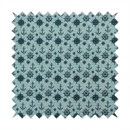 Nautical-themed repeating pattern featuring dark blue anchors, ship wheels, compass roses, and stars over a light blue and dark blue striped background.