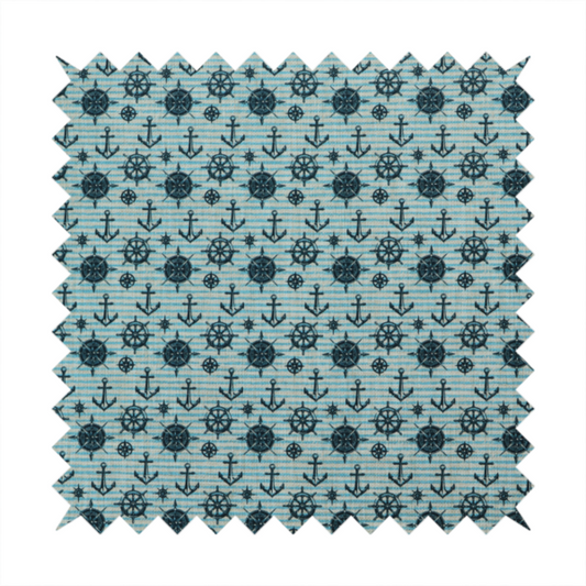 Nautical-themed repeating pattern featuring dark blue anchors, ship wheels, compass roses, and stars over a light blue and dark blue striped background.